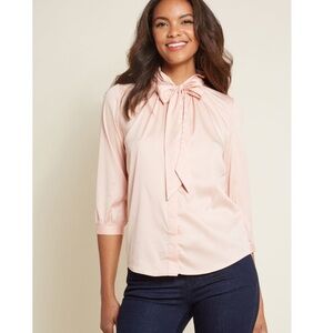 ModCloth Vanilla Milk Blush Button Up Bow Blouse Top